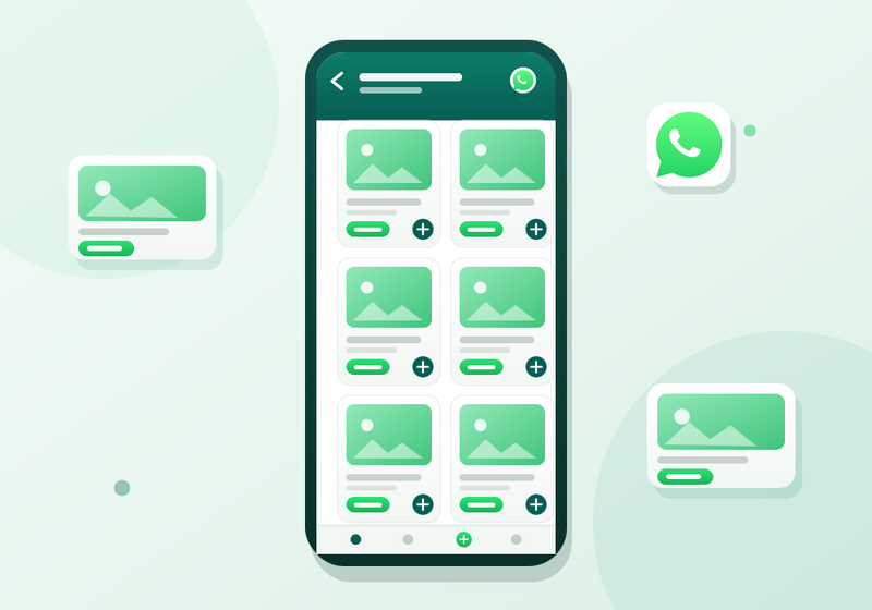 Pantalla del catálogo de productos de WhatsApp Business mostrando varios artículos con precios y fotos