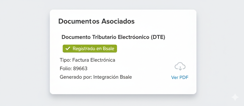 Captura del panel de administración de Jumpseller mostrando la tarjeta de Documentos Asociados con estado registrado en Bsale