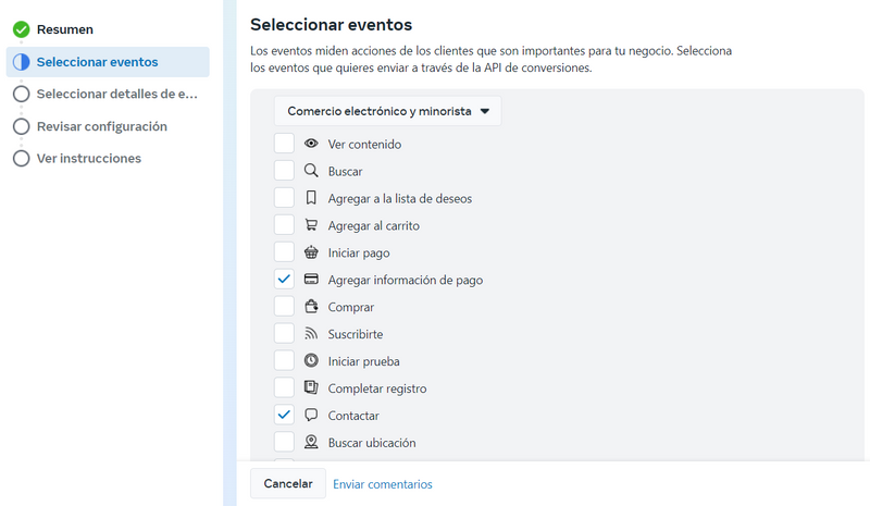 seleccionar eventos