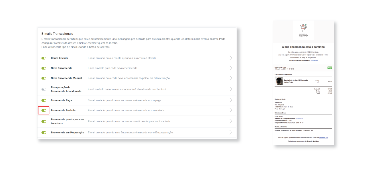 Captura de ecrã do email de encomenda enviada na Jumpseller
