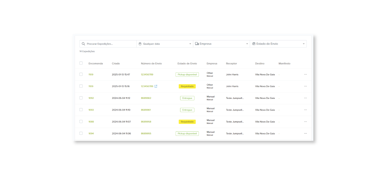 Captura de ecrã da secção de seguimento de envios no painel de administração da Jumpseller.