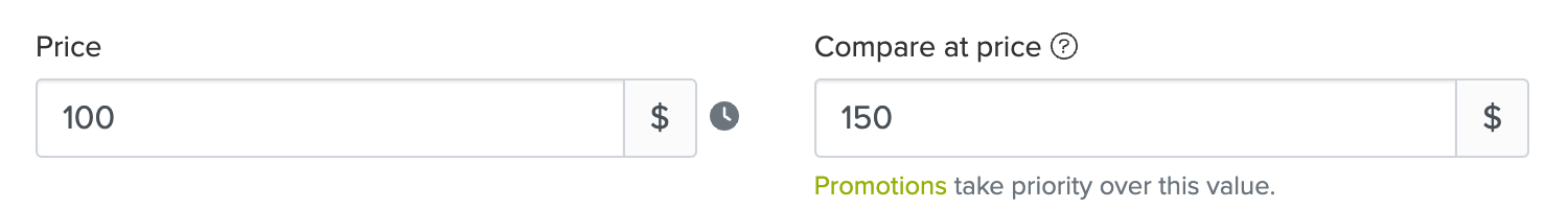Screenshot of product listing interface with input fields for selling price and Compare At Price