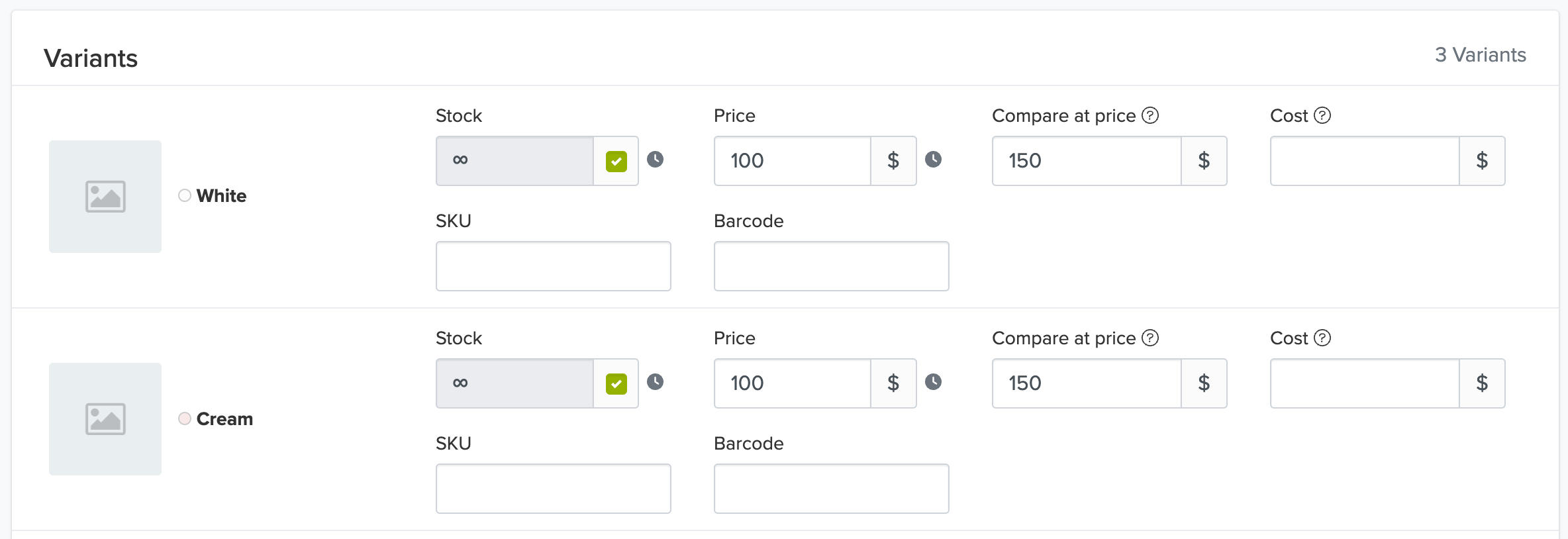 Screenshot of extended variants options screen with input fields for selling price and Compare At Price for each variant