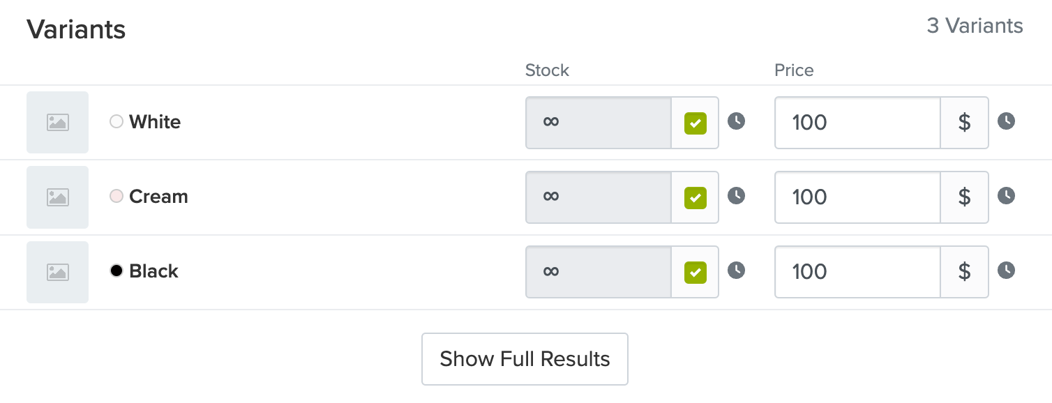 Screenshot of Show Full Results button in the Variants section