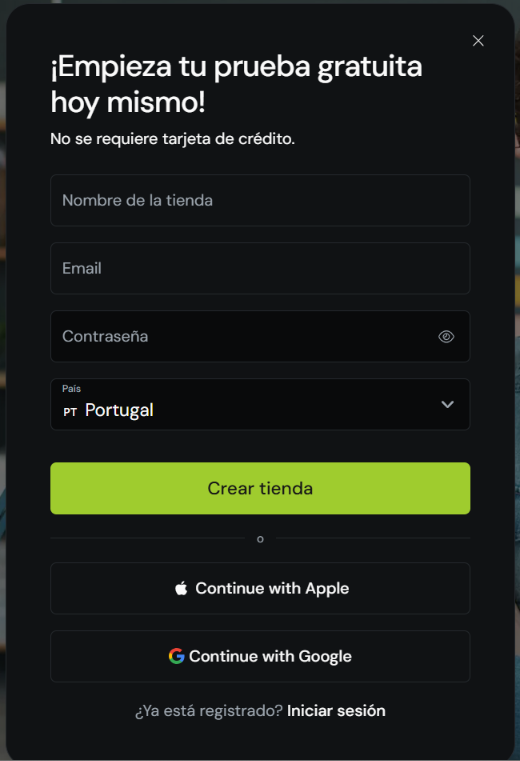 Botones Continuar con Google y Continuar con Apple en la página de registro